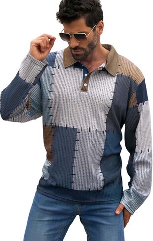 ShallWe Men's Polo Shirt Long Sleeve Lightweight Button Color Block Patchwork Casual T-Shirt Fashion Tee Streetwear Golf in Kuwait