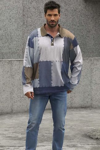 ShallWe Men's Polo Shirt Long Sleeve Lightweight Button Color Block Patchwork Casual T-Shirt Fashion Tee Streetwear Golf in Kuwait