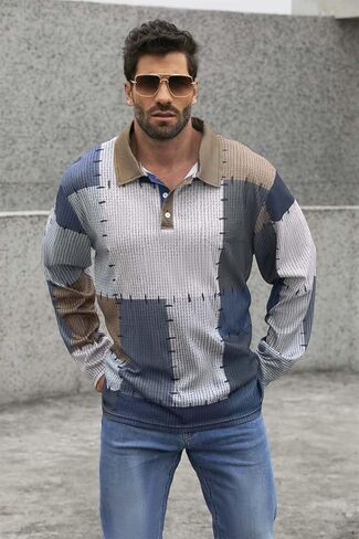 ShallWe Men's Polo Shirt Long Sleeve Lightweight Button Color Block Patchwork Casual T-Shirt Fashion Tee Streetwear Golf in Kuwait