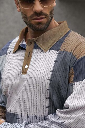 ShallWe Men's Polo Shirt Long Sleeve Lightweight Button Color Block Patchwork Casual T-Shirt Fashion Tee Streetwear Golf in Kuwait