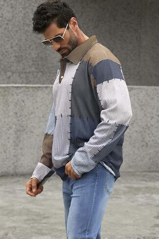 ShallWe Men's Polo Shirt Long Sleeve Lightweight Button Color Block Patchwork Casual T-Shirt Fashion Tee Streetwear Golf in Kuwait