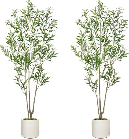 2Pack Tall Faux Olive Tree, 6FT Olive Trees Artificial Indoor with Large White Planter and Natural Wood Trunk and Realistic Leaves, Fake Olive Tree for Home House Office Décor in Saudi Arabia