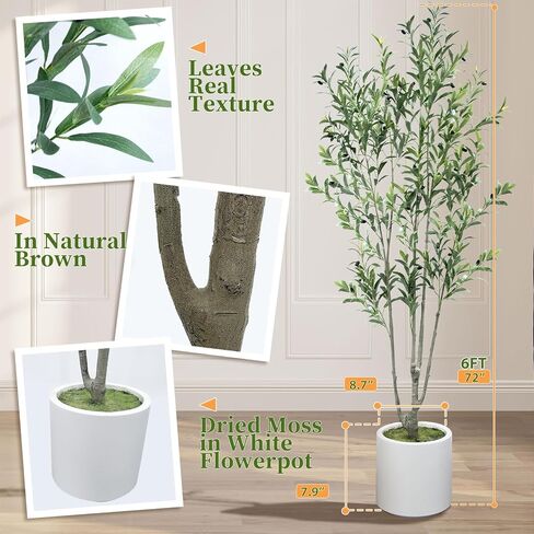 2Pack Tall Faux Olive Tree, 6FT Olive Trees Artificial Indoor with Large White Planter and Natural Wood Trunk and Realistic Leaves, Fake Olive Tree for Home House Office Décor in Kuwait