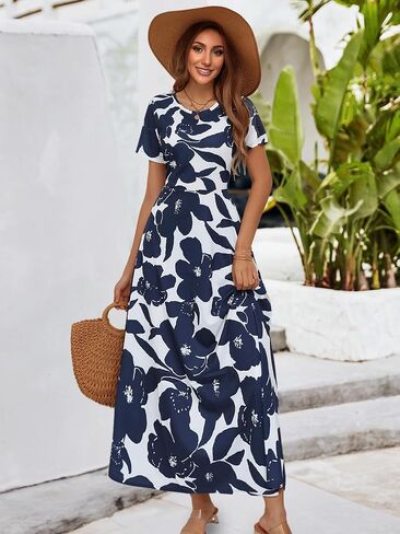 ZABERRY Women's 2024 Short Sleeve Round Neck Casual Summer Flowy Maxi Spring Dresses with Pockets in Saudi Arabia