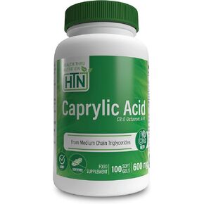 Health Thru Nutrition Caprylic Acid 600mg 100 Softgels | C8 Octanoic Acid from pure 1g MCT Oil | Non-GMO & Soy Free | Support Healthy Digestive and Intestinal Health | Keto Friendly