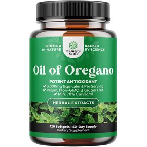 Vegan Wild Oregano Oil Softgels - Super Concentrated Oil of Oregano Softgels with 3000mg Herbal Equivalent and Min 70% Carvacrol for Gut Heart Detox and Immune Support - Vegan & Non-GMO (180CT)