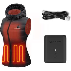 Venustas Women's Heated Vest with 90% Down (Black, Small) with 7.4V Battery Pack Included and a Extra Ultra-Compact 7.4V Battery