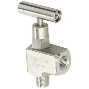 مقياس PIC NV-SS-1/4-GS-90-MXF 316 صمام إبرة زاوية 90 درجة من الفولاذ المقاوم للصدأ مع مقعد خدمة الغاز، 1/4 بوصة ذكر NPT × 1/4 بوصة حجم اتصال NPT أنثى، ضغط 6000 رطل لكل بوصة مربعة