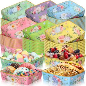 Mifoci 36 Pcs Tea Party Paper Plates Floral Food Trays 5 Lbs Large Disposable Serving Trays Vintage Nacho Boats for Birthday Weddings Bridal Baby Showers Mother's Day Supplies Spring Decorations