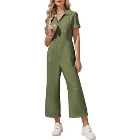 Zwurew Valentine's Day Women's Short Sleeve Jumpsuits Love Heart Graphic Zip Up Long Pants Romper with Pockets