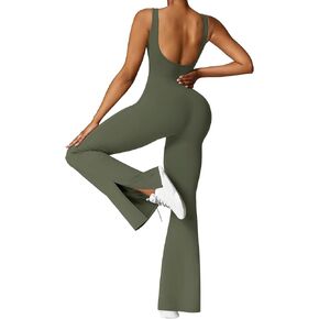 OEAK Womens Flare Jumpsuits Tummy Control Backless Unitard Full One Piece Workout Yoga V Neck Sleeveless Bodysuit Playsuit