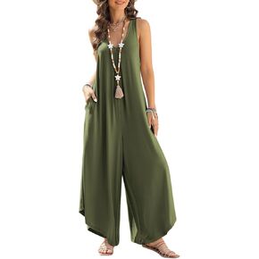 Happy Sailed Womens Overall Jumpsuits Summer Sleeveless Ruched V Neck Flared Wide Leg Pants Rompers with Pockets