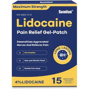 Sumifun 4% Lidocaine Pain Relief Patches 15 Count Maximum Strength Numbing Gel Patch for Back Knee Neck Joint Ache Muscle Soreness Topical Analgesic