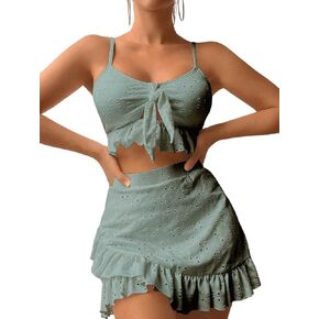 بدلة استحمام للسيدات من SweatyRocks مكونة من 3 قطع برباط أمامي وحاشية مكشكشة عالية القطع بيكيني تانكيني مع تنورة الشاطئ in Kuwait