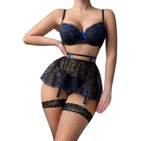 WDIRARA Women's Heart Lace Bow Cheeky Thong Exotic Garter Lingerie Set with Stockings