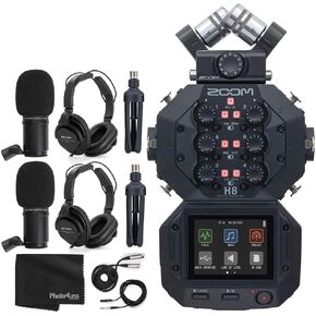 Zoom H8 8-Input / 12-Track Portable Handy Recorder for Podcasting, Music, Field Recording Bundle with 2X Zoom ZDM-1 Podcast Mic + 2X Headphones + 2X Windscreens + 2X Tabletop Stands + More (4 Items)