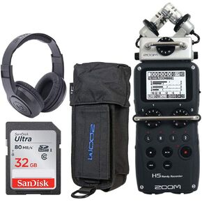 Zoom H5 4-Input 4-Track Portable Handy Recorder with Interchangeable X/Y Mic Capsule Bundle with Zoom PCH-5 Protective Case for H5 + Headphones + 32GB 80MB/S Memory Card (4 Items)