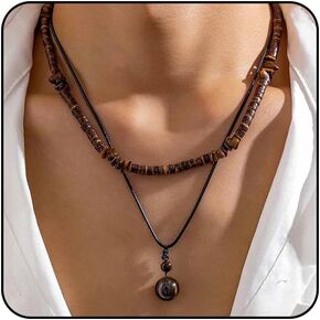 Sora Tuki Puka Shell Necklace Men Surfer Necklace Brown Coconut Shell Necklace Beads Necklace for Men Seashell Conch Beach Necklace for Women Heishi Necklace Summer Jewelry