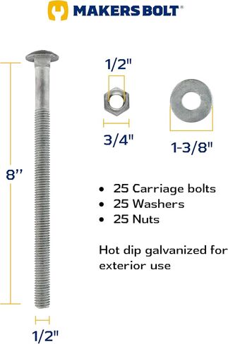 1/2" x 8" (25 pack) Galvanized Carriage Bolt Kit, Hot Dip Galvanized for Exterior Use by Makers Bolt in Saudi Arabia