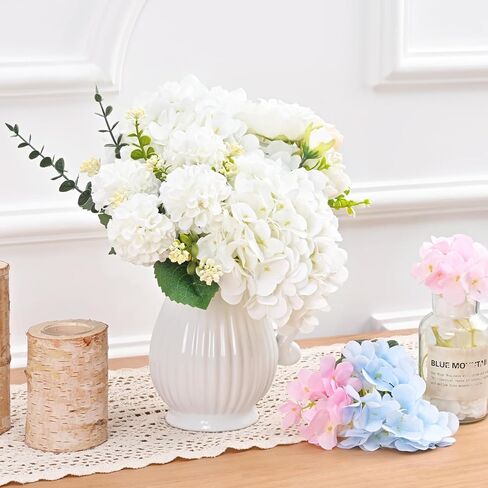 Artflower 9 Pcs Hydrangea Artificial Flowers with Leaves, White Silk Full Faux Hydrangea Flowers for Home Floral Arrangements Wedding Bouquets Kitchen Table Centerpiece Decorations in Saudi Arabia