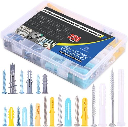Glarks 220-Pieces Plastic Self Drilling Drywall Ribbed Anchors Hollow-Wall Anchor with Screws Assortment Kit for Drywall, Hollow-Wall Hanging Wall Shelf or Blinds in Saudi Arabia
