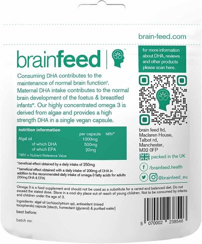 DHA Supplements (30) | Double Concentrate Omega 3 DHA 500mg PER Capsule - 1 a day| Brain & Eye Health | Vegan DHA - Omega 3 Algae Oil |DHA 1000mg x 2 Capsules | Sustainable DHA Capsules in Saudi Arabia