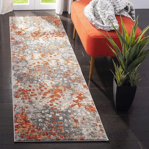 سجادة SAFAVIEH Monaco Collection - 2'2" x 6'، رمادي وبرتقالي، تصميم بوهو شيك بألوان مائية تجريدية، لا يتساقط ويسهل العناية به، مثالي للمناطق ذات حركة المرور العالية في غرفة المعيشة وغرفة النوم (MNC225H) in Saudi Arabia