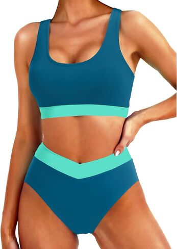Tempt Me Women High Waisted Bikini Sets Two Piece Swimsuits Sport Bathing Suits with V Cut Bottom in Kuwait