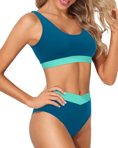 Tempt Me Women High Waisted Bikini Sets Two Piece Swimsuits Sport Bathing Suits with V Cut Bottom in Kuwait
