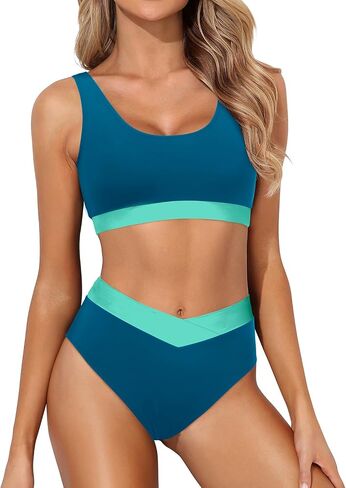 Tempt Me Women High Waisted Bikini Sets Two Piece Swimsuits Sport Bathing Suits with V Cut Bottom in Kuwait