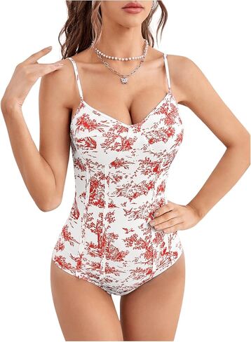 WDIRARA Women's Plant Figure Print Spaghetti Strap Shirt Sleeveless Cami Bodysuit in Kuwait