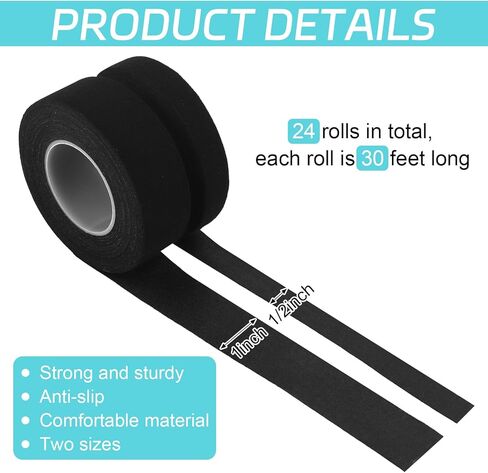 24 Rolls 30 ft Black Lacrosse Tape 1''/0.5'' Hockey Stick Tape Adhesive Shin Pad Tape Lacrosse Wraps Athletic Tape Cotton Sweat Absorbent Sports Tape for Hockey Tennis Ice Skate Training Equipment in Kuwait