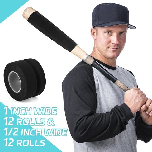 24 Rolls 30 ft Black Lacrosse Tape 1''/0.5'' Hockey Stick Tape Adhesive Shin Pad Tape Lacrosse Wraps Athletic Tape Cotton Sweat Absorbent Sports Tape for Hockey Tennis Ice Skate Training Equipment in Kuwait