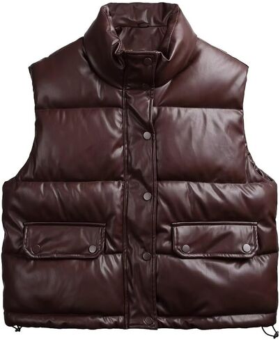 سترة منتفخة جلدية للسيدات من AKsit بدون أكمام دافئة بسحاب للشتاء سترة قصيرة بياقة واقفة in Kuwait