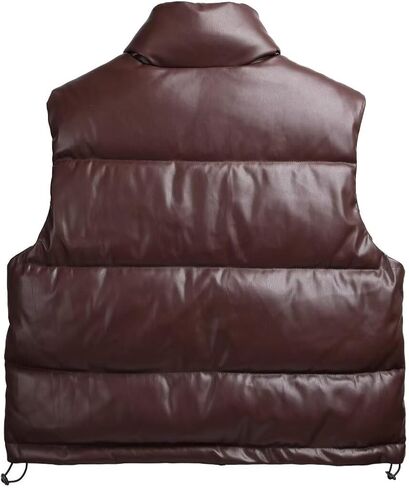 سترة منتفخة جلدية للسيدات من AKsit بدون أكمام دافئة بسحاب للشتاء سترة قصيرة بياقة واقفة in Kuwait