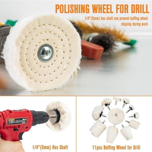 11 قطعة عجلة تلميع للمثقاب، مجموعة عجلات تلميع وسادة تلميع مع أعمدة سداسية 0.25 بوصة - أداة تلميع على شكل عجلة لمجموعة تلميع عجلات الألومنيوم المعدنية والكروم in Kuwait
