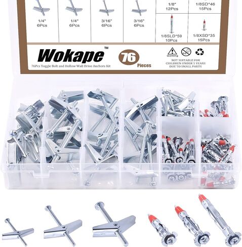 76 قطعة مسمار تبديل ومجموعة صواميل جناح 1/8 بوصة 3/16 بوصة 1/4 بوصة، 1/8 بوصة مولي بولت درايف مجوفة من الفولاذ المطلي بالزنك طقم مرساة جداري لتعليق الأشياء الثقيلة على الحوائط الجافة in Kuwait