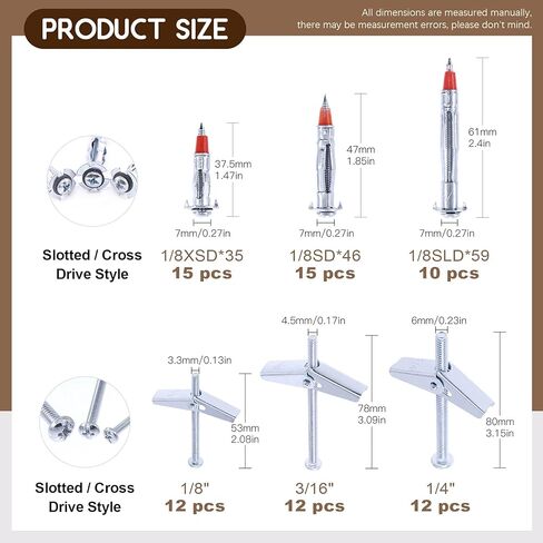 76 قطعة مسمار تبديل ومجموعة صواميل جناح 1/8 بوصة 3/16 بوصة 1/4 بوصة، 1/8 بوصة مولي بولت درايف مجوفة من الفولاذ المطلي بالزنك طقم مرساة جداري لتعليق الأشياء الثقيلة على الحوائط الجافة in Kuwait