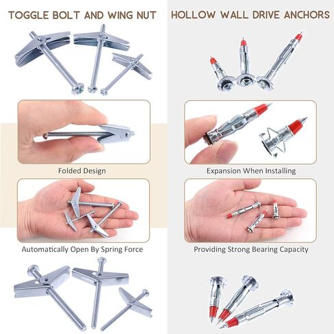 76 قطعة مسمار تبديل ومجموعة صواميل جناح 1/8 بوصة 3/16 بوصة 1/4 بوصة، 1/8 بوصة مولي بولت درايف مجوفة من الفولاذ المطلي بالزنك طقم مرساة جداري لتعليق الأشياء الثقيلة على الحوائط الجافة in Kuwait