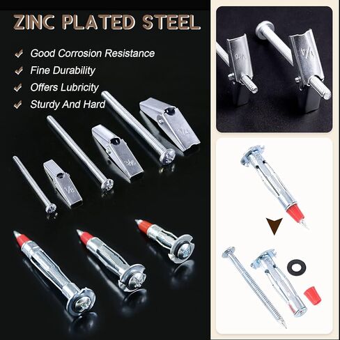 76 قطعة مسمار تبديل ومجموعة صواميل جناح 1/8 بوصة 3/16 بوصة 1/4 بوصة، 1/8 بوصة مولي بولت درايف مجوفة من الفولاذ المطلي بالزنك طقم مرساة جداري لتعليق الأشياء الثقيلة على الحوائط الجافة in Kuwait