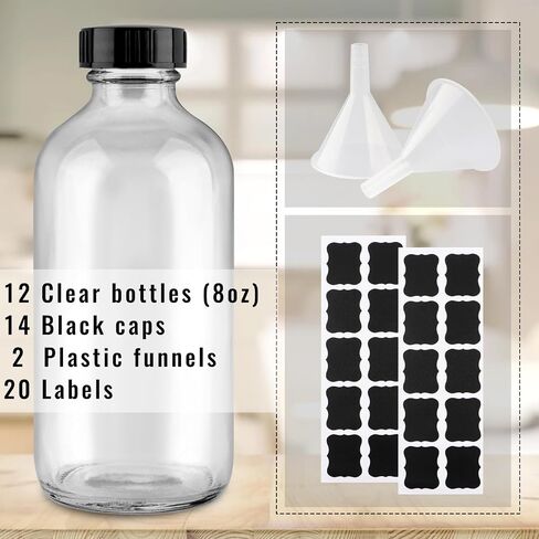 PINIWON 24 Pack 8 oz Amber Glass Bottles, 240ml Boston Round Sample Bottles with Black Poly Cone Caps, Labels and Funnels in Saudi Arabia