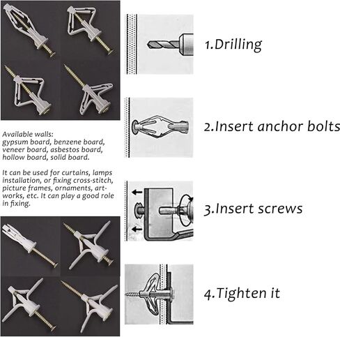 100 Set Drywall Anchor Kit Hollow-Wall Anchors with Screws for Plasterboard Drywall Gypsum Board (2 Styles) in Kuwait