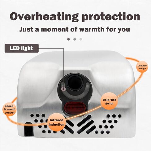 مجفف يد تجاري معتمد من UL بقدرة 110 فولت/1350 وات، تحكم في السرعة/الصوت/الساخن/البارد، غطاء من الفولاذ المقاوم للصدأ 304 مثبت على الحائط in Kuwait