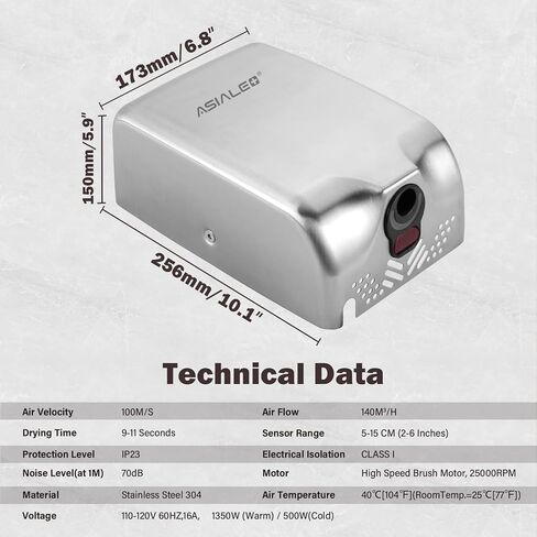 مجفف يد تجاري معتمد من UL بقدرة 110 فولت/1350 وات، تحكم في السرعة/الصوت/الساخن/البارد، غطاء من الفولاذ المقاوم للصدأ 304 مثبت على الحائط in Kuwait