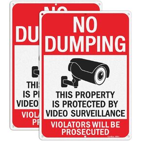 GicnKeuz Large No Dumping signs, 14x10 Inches Property Protected by Video Surveillance signs, Reflective Aluminum, Fade Resistant/Waterproof, Indoor or Outdoor Use