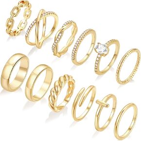 FAXHION 12 PCS Dainty 14K Gold Rings for Women, Open Chunky Twist Simulated Ring Set, Non Tarnish Gold Plated Stacking Thumb Jewelry Ring Size 6-10