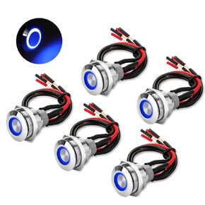5Pcs 19mm 12V Waterproof ON Off Latching Push Button Switch with Wiring Harness and Led Indicator Light, 24V Pre-Wired SPDT Self-Locking 4 Pin Marine Metal Switch for Boats Cars Truck (Blue)