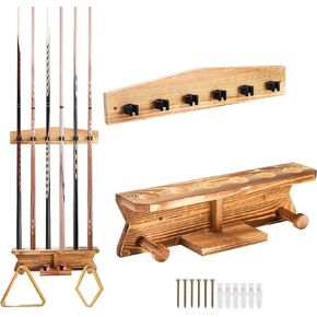 حامل عصا البلياردو على الحائط، حامل عصا البلياردو الخشبي، يحمل 6 قطع و2 رفوف مثلثة، رف جدار عصا البلياردو القوي، منظم ملحقات طاولة البلياردو لغرفة البلياردو، وغرفة الألعاب، والبار in Kuwait