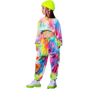 LOLANTA Girl's Tie Dye Hip-hop Dance Clothes Sweatsuit Outfits Sports Crop Tops Joggers Set in Kuwait