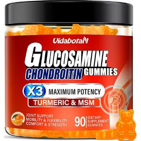 Sugar Free Glucosamine Chondroitin Gummgies, Extra Strength 1500mg with MSM &Turmeric for Joint Support & Flexibility, Orange Flavor, Gluten-free Gummies (90 Count)